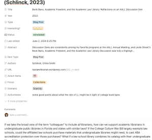 A screenshot of a single record in Notero, named Schlinck, 2023. The record includes basic bibliographic information (e.g. title, author, year) as well as custom tags like Action Items. The record includes custom fields like Action Notes as well as a longer comment section for additional notes.